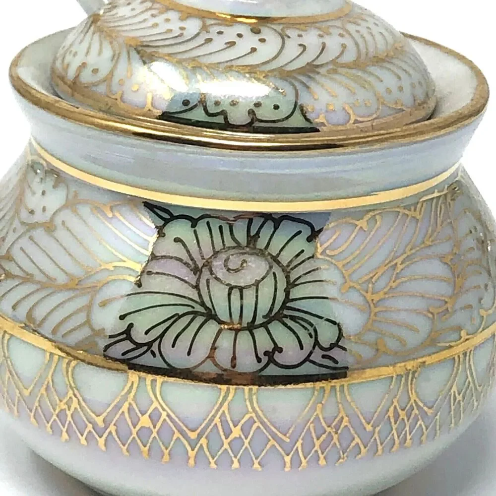 Porcelain Lusterware Serving Set VTG 4 Jam Jars w/Lids Spoons & Tray Thailand